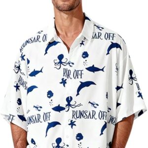 Beach Vacation Versatile Floral Shirt Men's Short Sleeved Hawaiian ice Silk Loose Beach Shirt,Dolphins