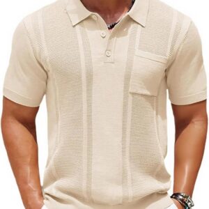 Men's Knitted Polo Shirt Textured Short Sleeve Chest Pocket Summer Top Stretchy Fabric Flexibility for Beach Casual Wear