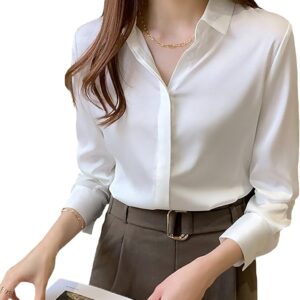 A stylish long-sleeved satin blouse in silk satin, perfect for work or the office; a practical shirt for women